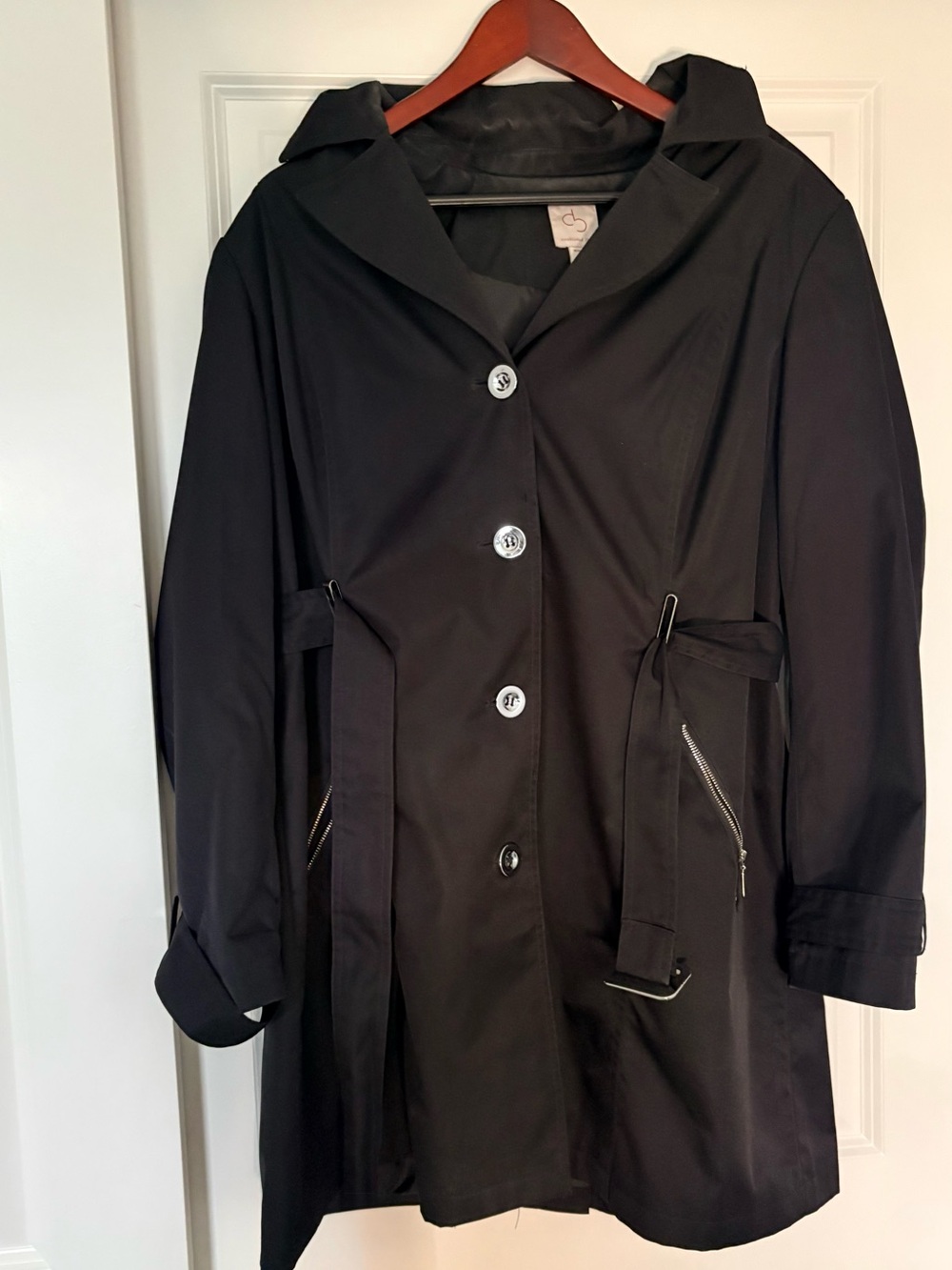 Classic Black Hooded Trench Coat with Waist Tie and Zippered Pickets, size 1X